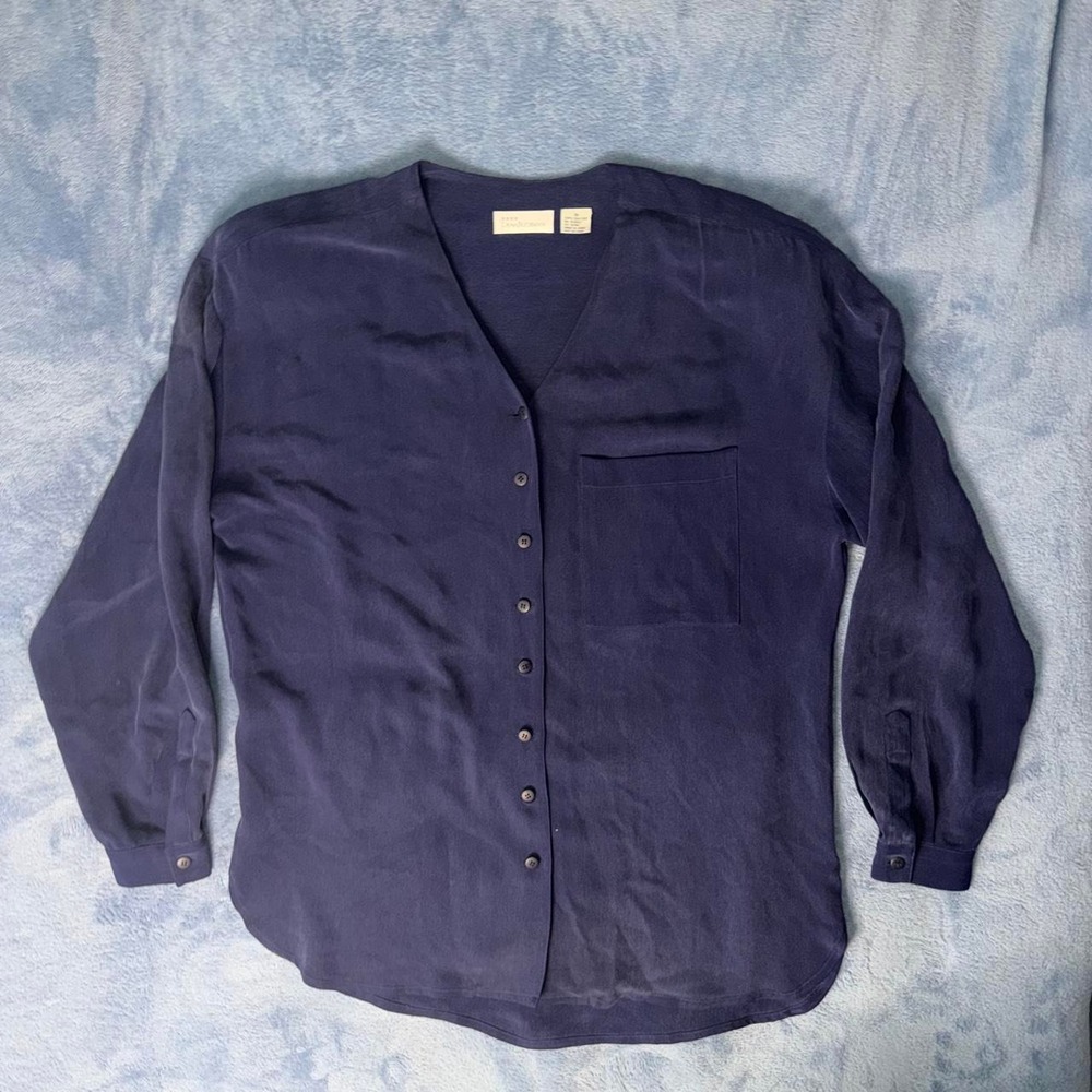 Dana Buchman 100% Silk Navy Blue Button Up Blouse